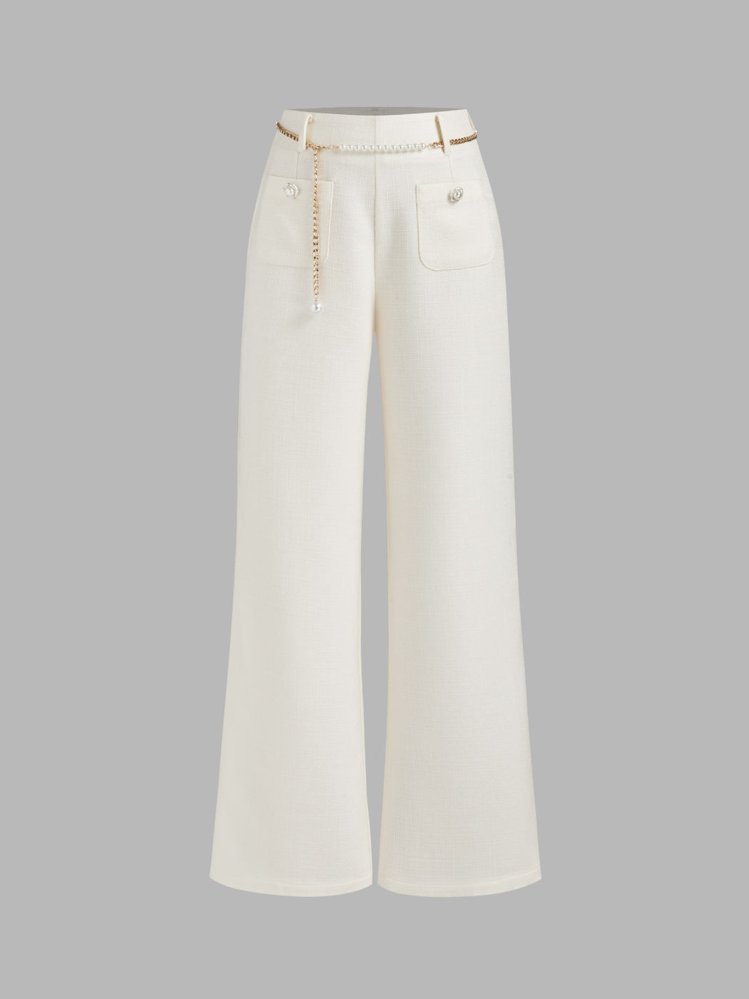 Tweed Mid Rise Solid Pearl Button Wide Leg Trousers With Waist Chain