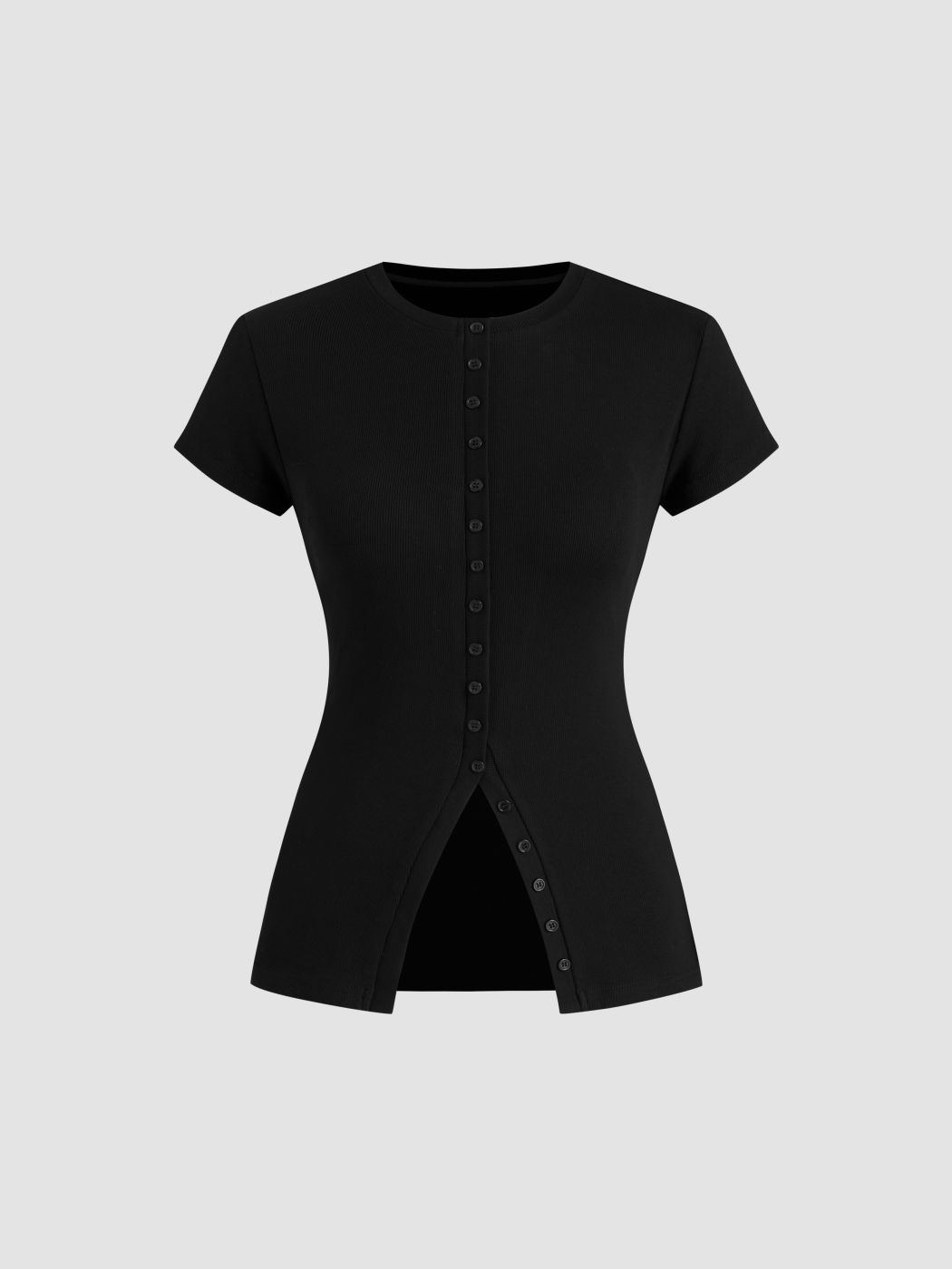 Cotton-blend Round Neckline Solid Button Short Sleeve Top