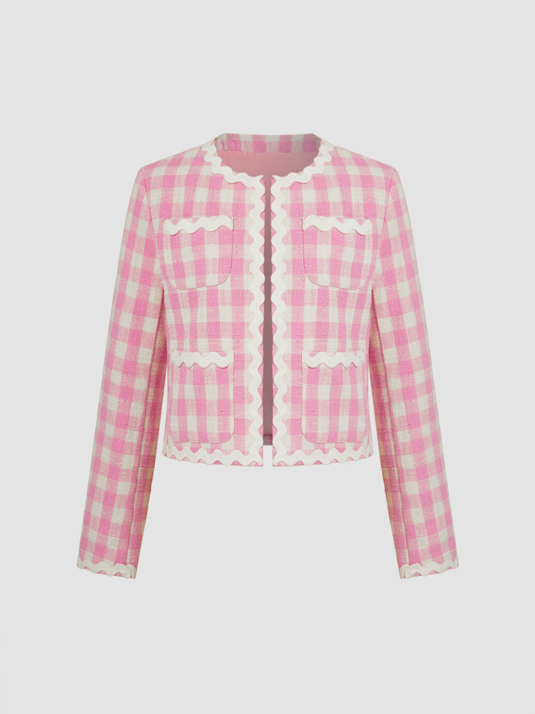 Tweed Rundhals Gingham Tasche Kontrast Jacke