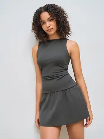 Cotton-blend Round Neckline Solid Ruched Ruffle Hem Mini Cami Dress
