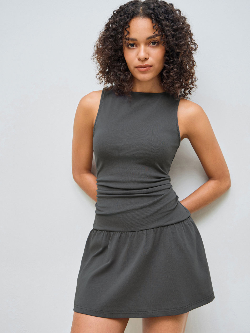 Cotton-blend Round Neckline Solid Ruched Ruffle Hem Mini Cami Dress