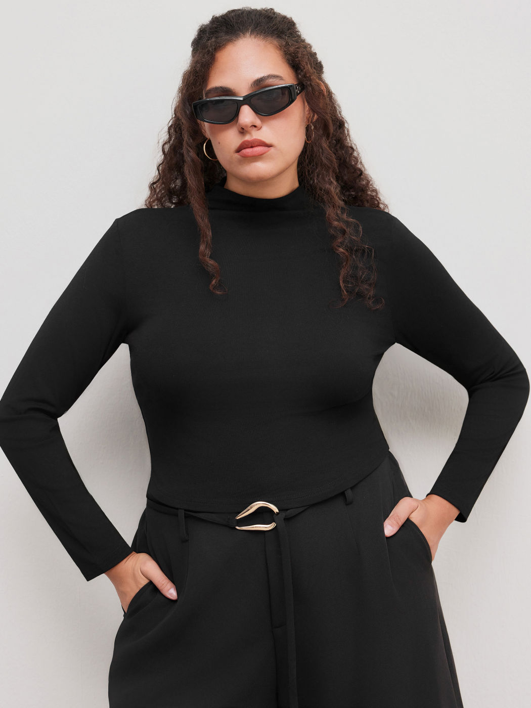 Knit Fabric High Neck Solid Long Sleeve Crop Tee Curve & Plus