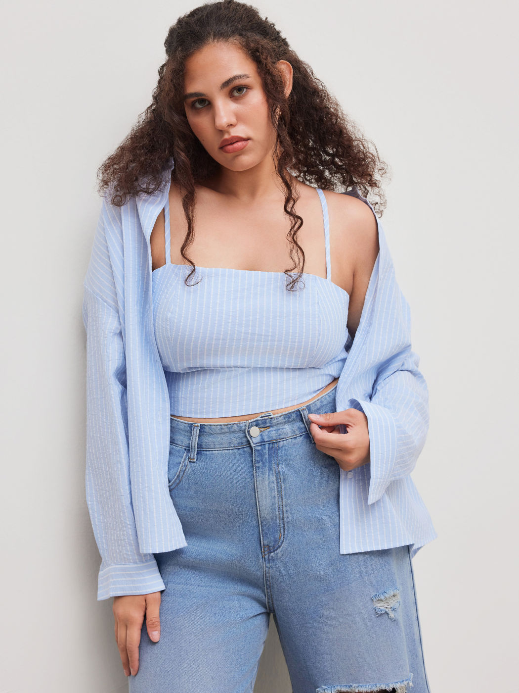 Cotton-blend Collar Striped Button Long Sleeve Oversized Shirt With Striped Crop Cami Top Curve & Plus