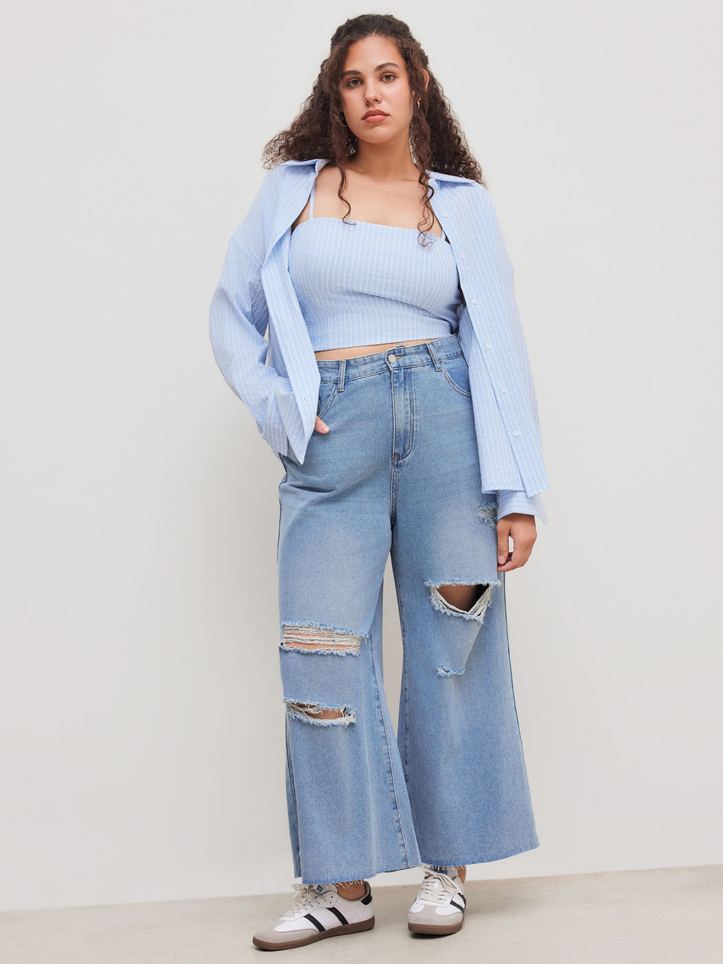 Cotton-blend Collar Striped Button Long Sleeve Oversized Shirt With Striped Crop Cami Top Curve & Plus