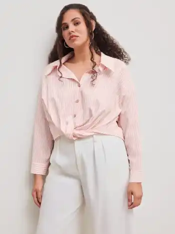 Cotton-blend Collar Striped Knotted Roll-up Long Sleeve Shirt Curve & Plus
