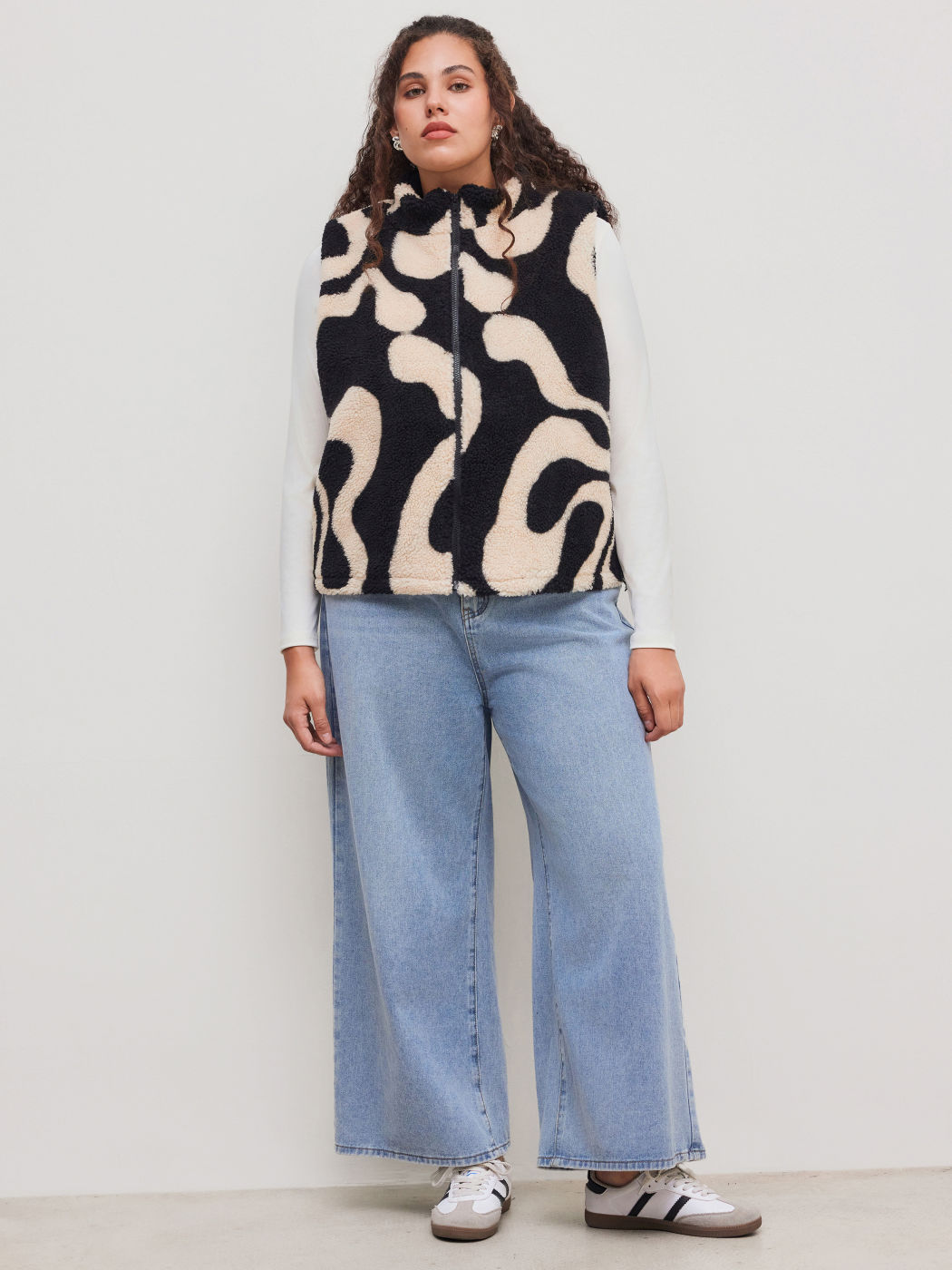 Fleece High Neck Geometric Puffer Vest Curve & Plus