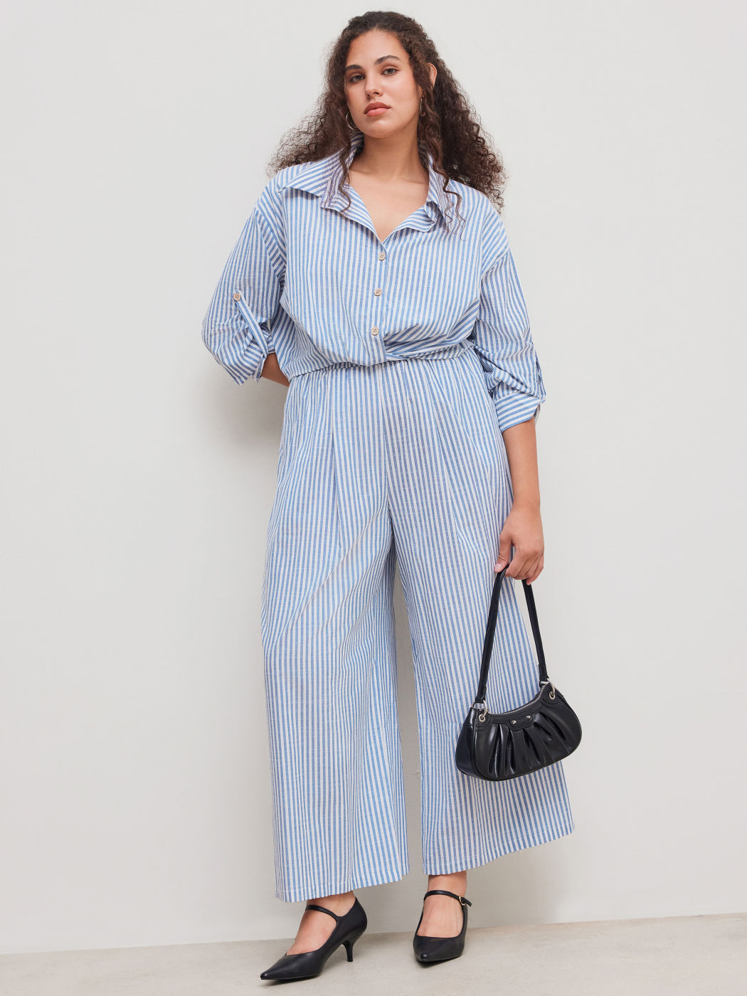 Cotton-blend Collar Striped Button Long Sleeve Shirt & Mid Rise Striped Wide Leg Trousers Set Curve & Plus
