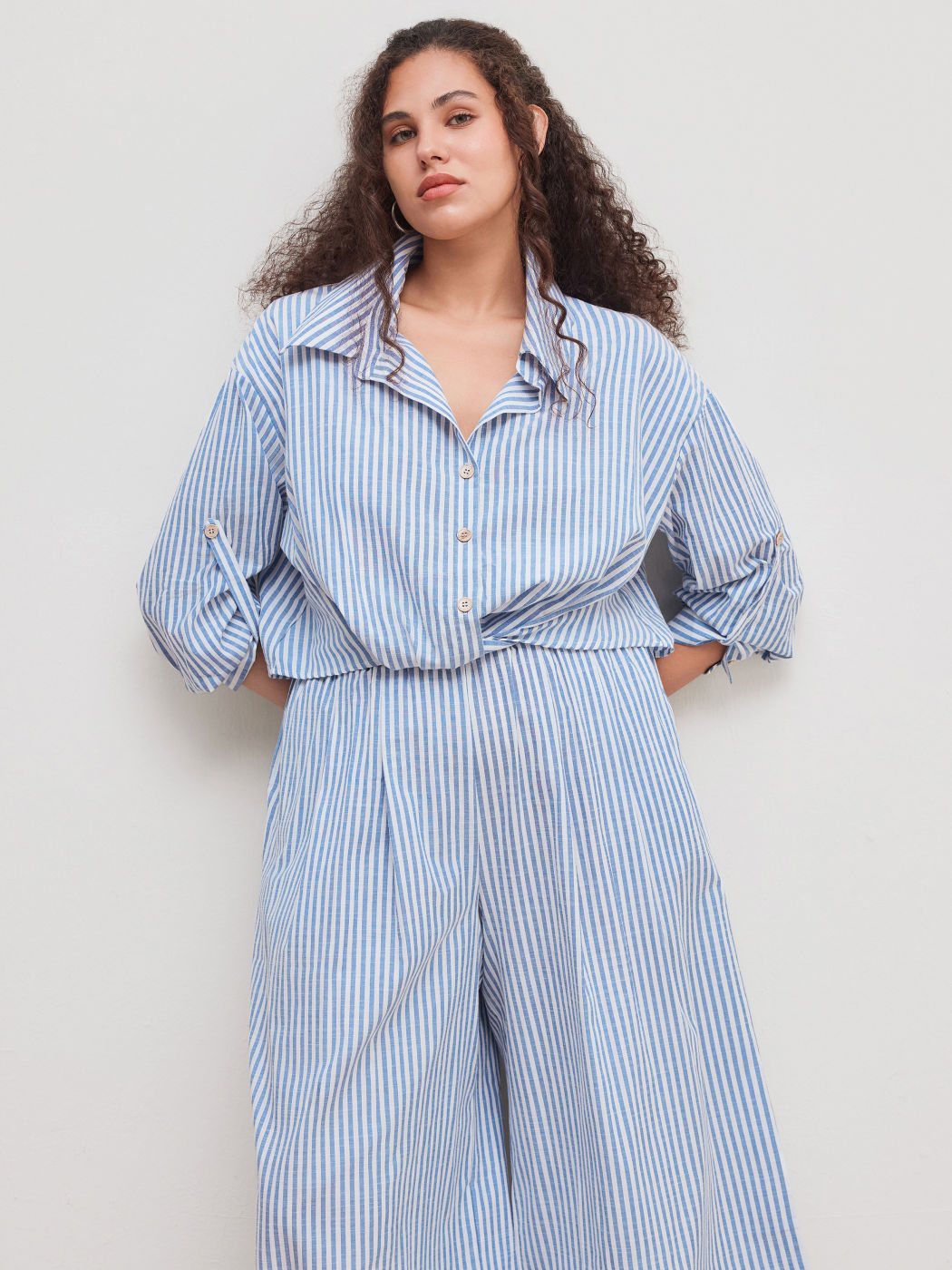 Cotton-blend Collar Striped Button Long Sleeve Shirt & Mid Rise Striped Wide Leg Trousers Set Curve & Plus