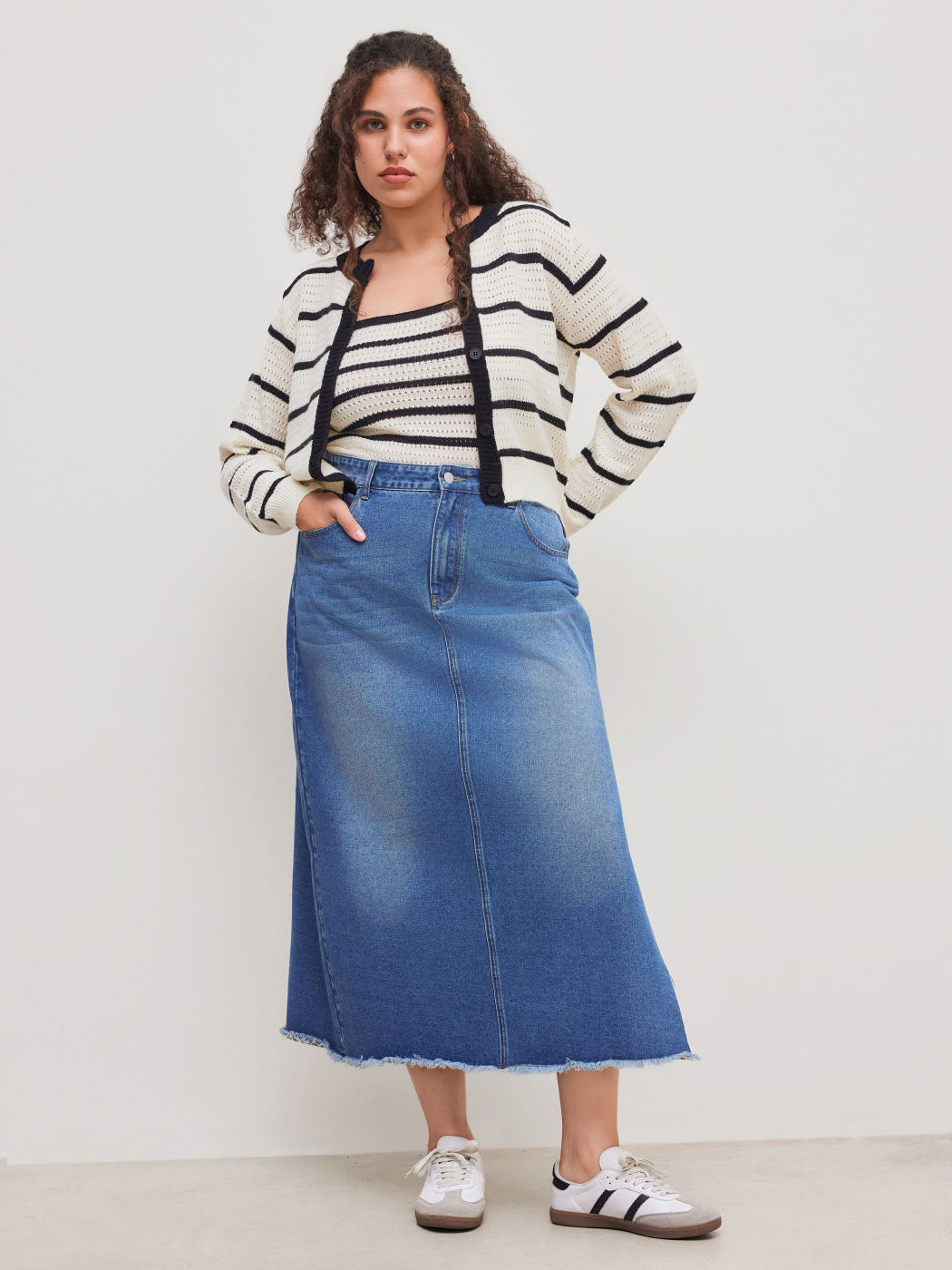 Knit Striped Contrasting Binding Button Cardigan & Striped Cami Top Curve & Plus