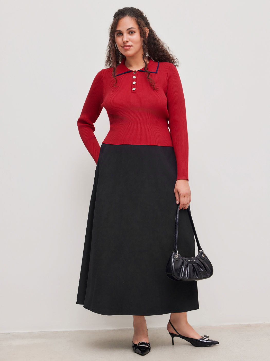 Knit Collar Solid Button Long Sleeve Sweater Curve & Plus