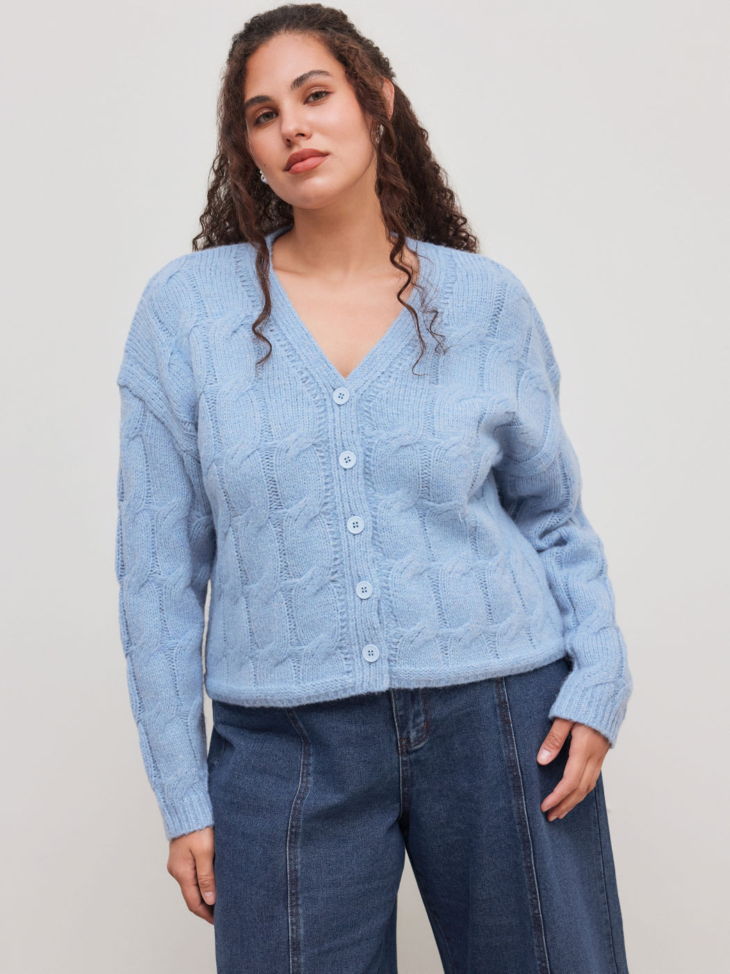 Cable Knit Wool-blend V-neck Solid Button Cardigan Curve & Plus