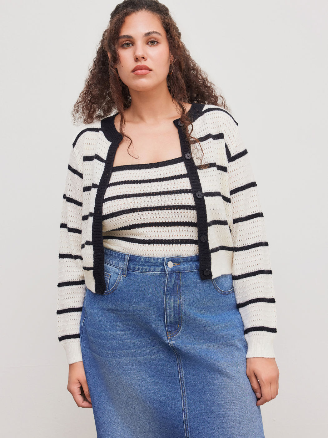 Knit Striped Contrasting Binding Button Cardigan & Striped Cami Top Curve & Plus