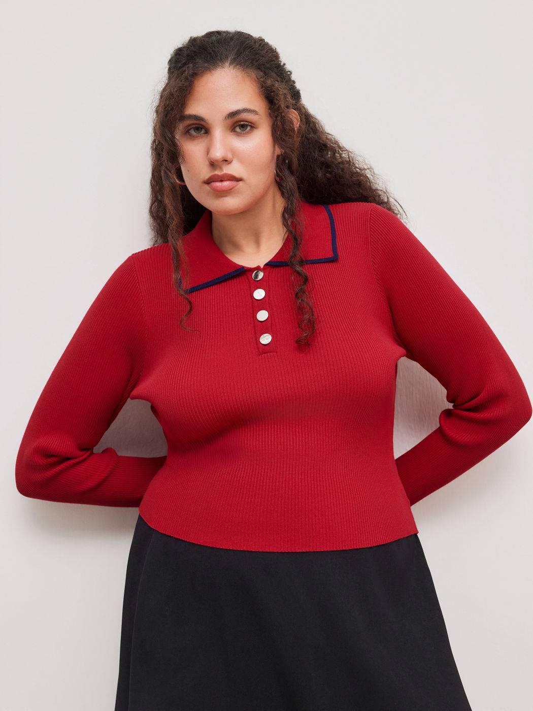 Knit Collar Solid Button Long Sleeve Sweater Curve & Plus