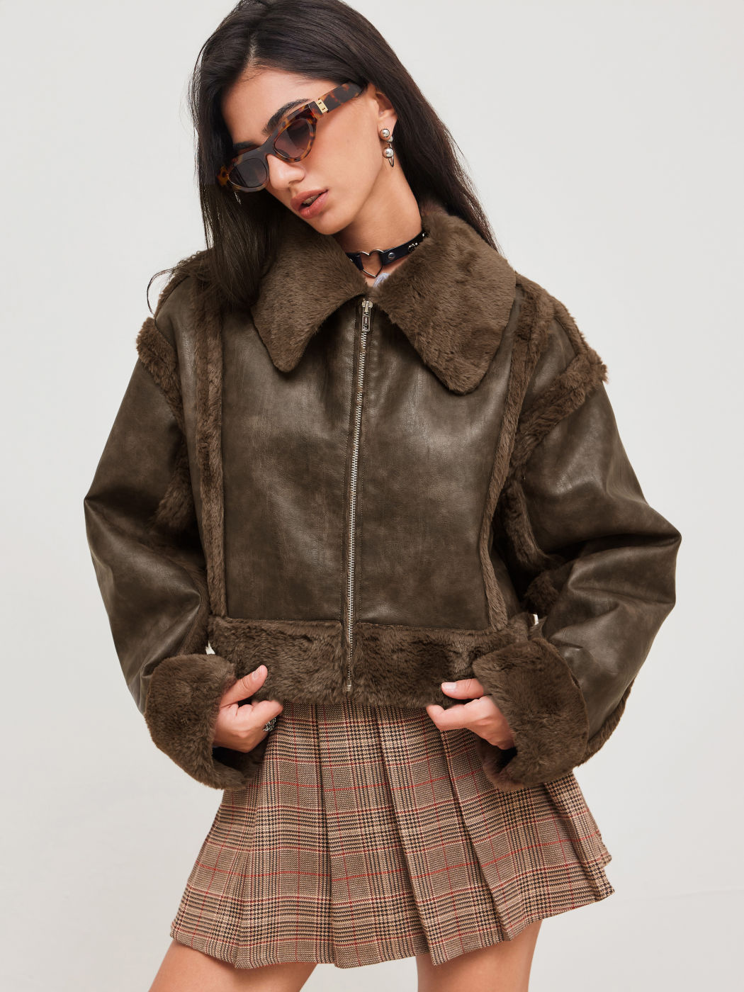 Faux-Shearling-Kragen Solid Reißverschluss Jacken
