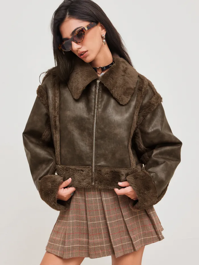Fleece Funnel Neck Print Drawstring Oversized Jacket