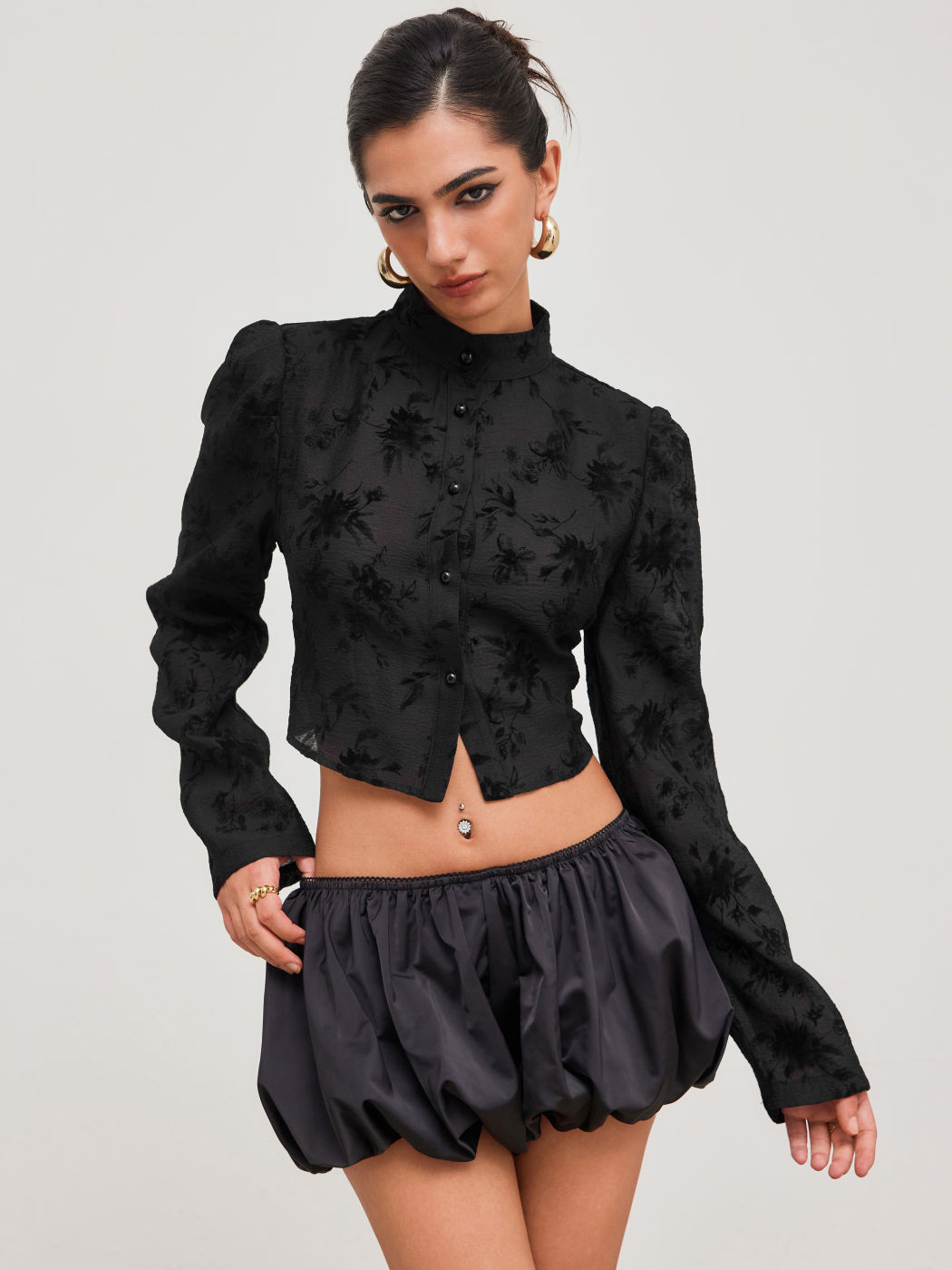 Woven Collar Solid Floral Button Long Sleeve Crop Blouse