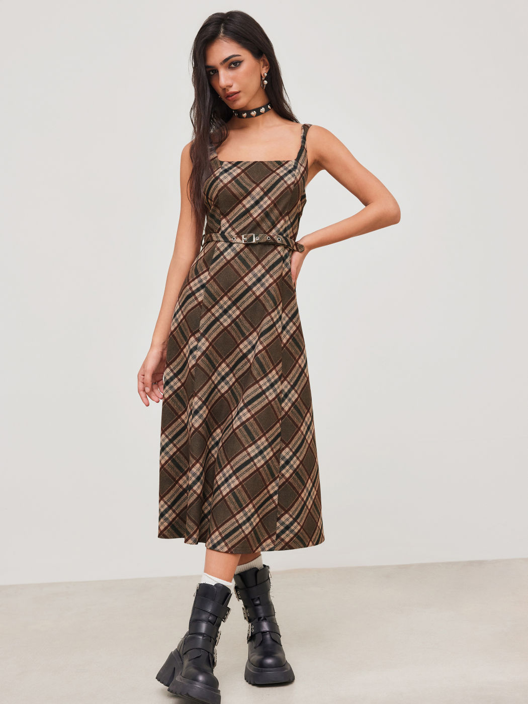 Scoop Neckline Check Ruffle Midi Dress With Belt