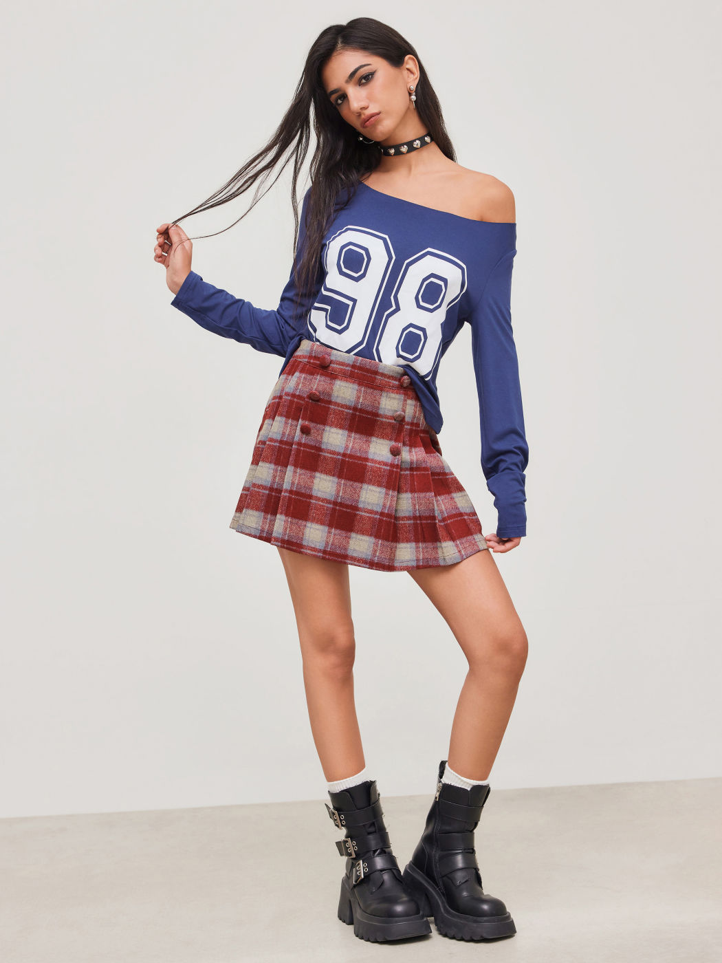High Rise Gingham Pleated Mini Skirt