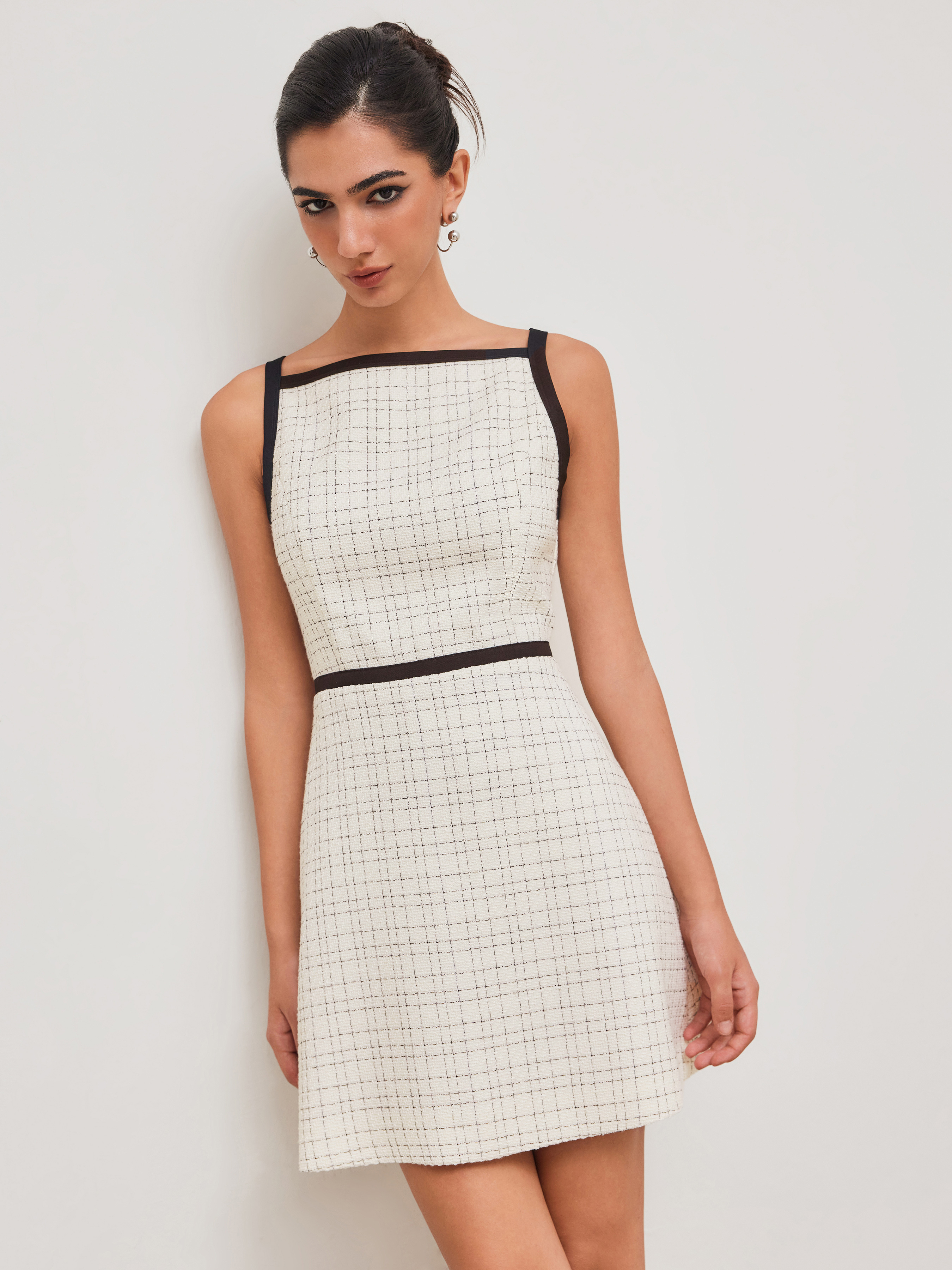 Tweed Square Neck Contrasting Binding Mini Dress
