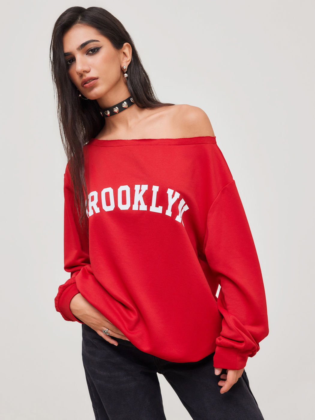 Brooklyn Terry Asymmetrical Neck Graphic Oversized Sweatshirt
