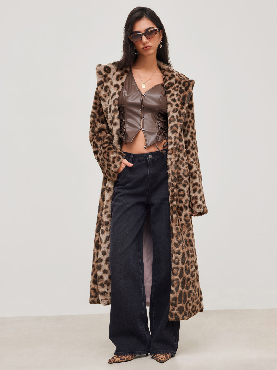 Faux Fur Collar Leopard Pocket Long Coat