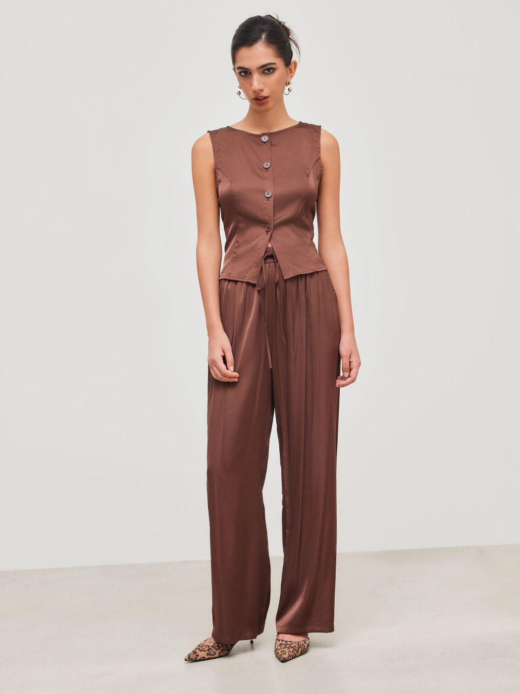 Satin Tie Back Top & Mid Rise Wide Leg Trousers Set