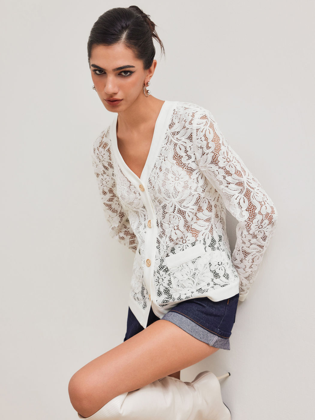 Lace V-neck Floral See-through Long Sleeve Blouse