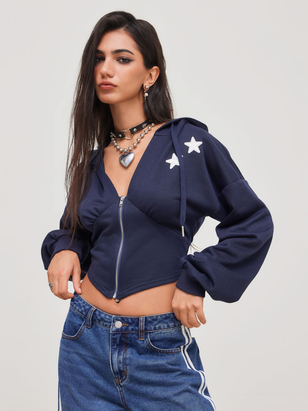Terry Star Applique Zipper Drawstring Hoodie