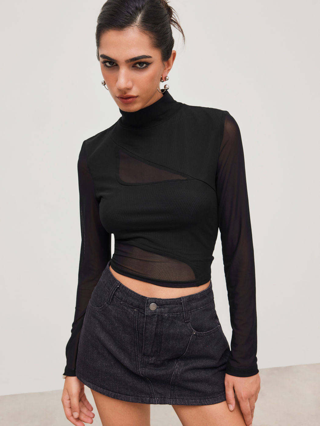 High Neck Patched Long Sleeve Crop Top