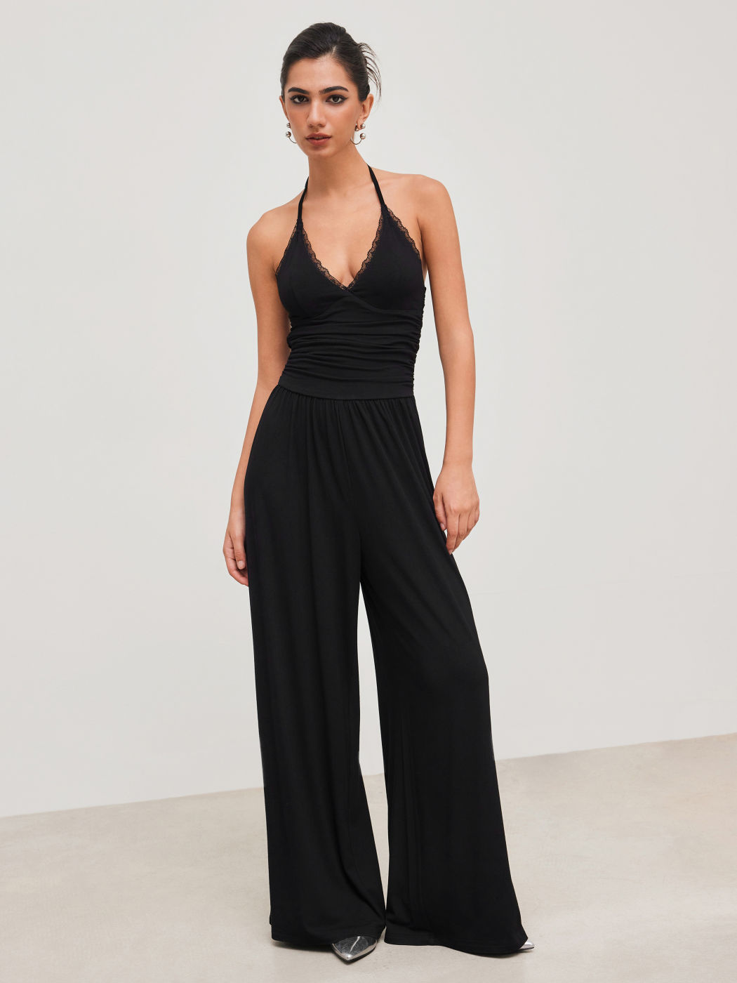 Halter Neckline Lace Trim Backless Ruched Jumpsuit