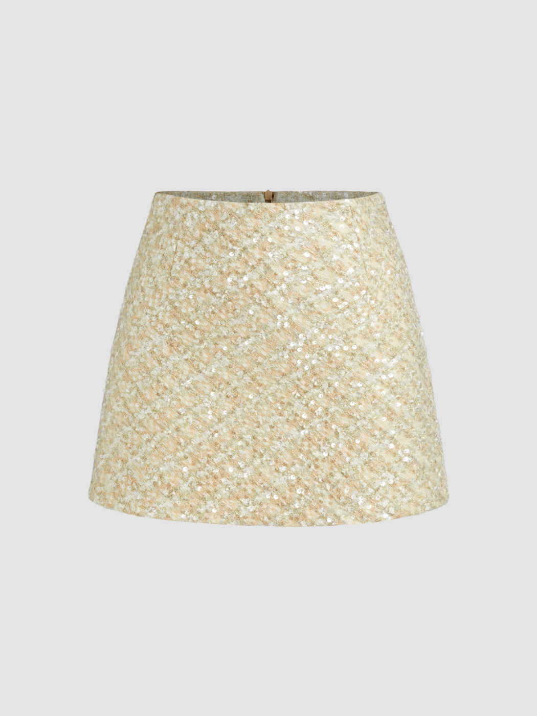 Minigonna tweed con paillettes a vita alta e tinta unita