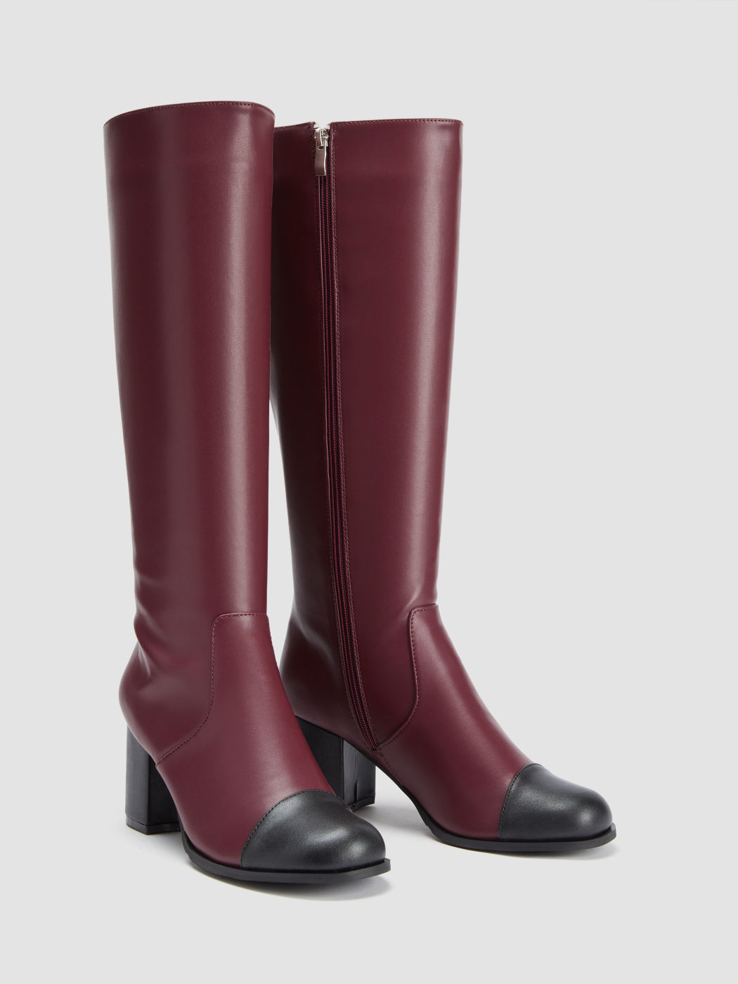 TWO-TONE CHUNKY HEEL KNEE HIGH BOOTS