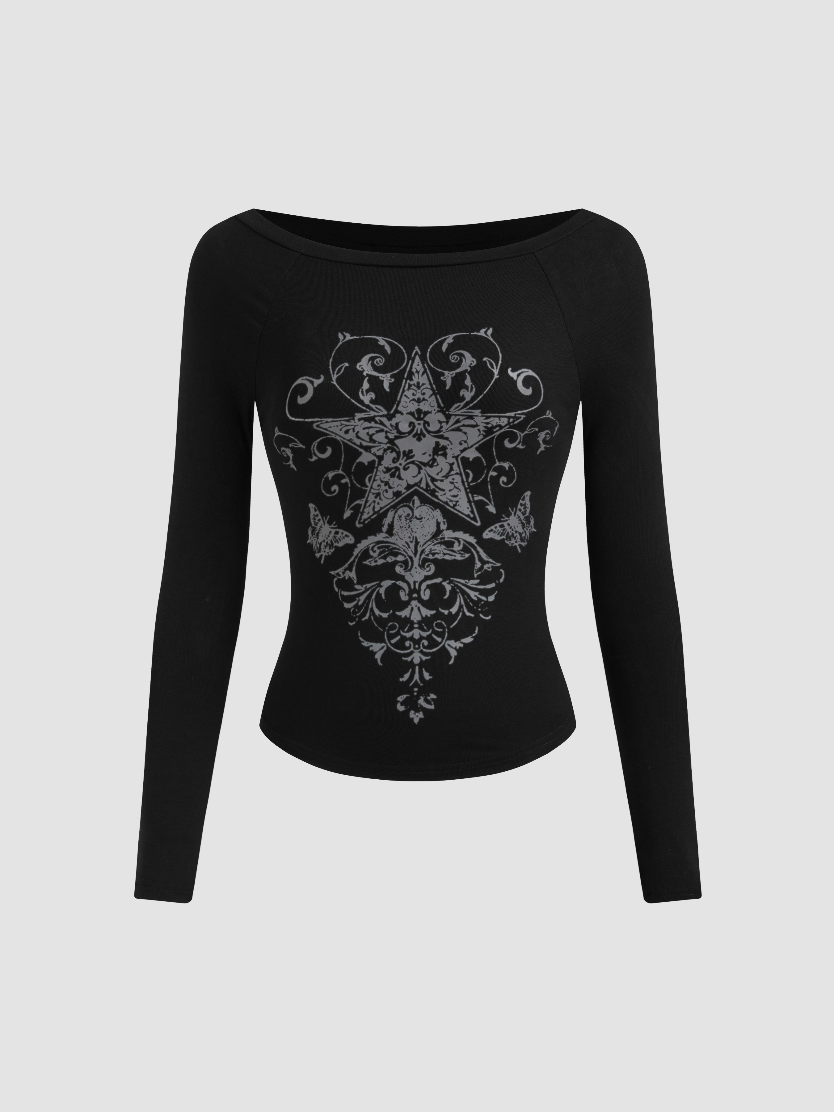 Jersey Boat Neck Leopard Star Long Sleeve Tee For Daily Casual Jersey Boat Neck Leopard Star Long Sleeve Tee For Daily Casual