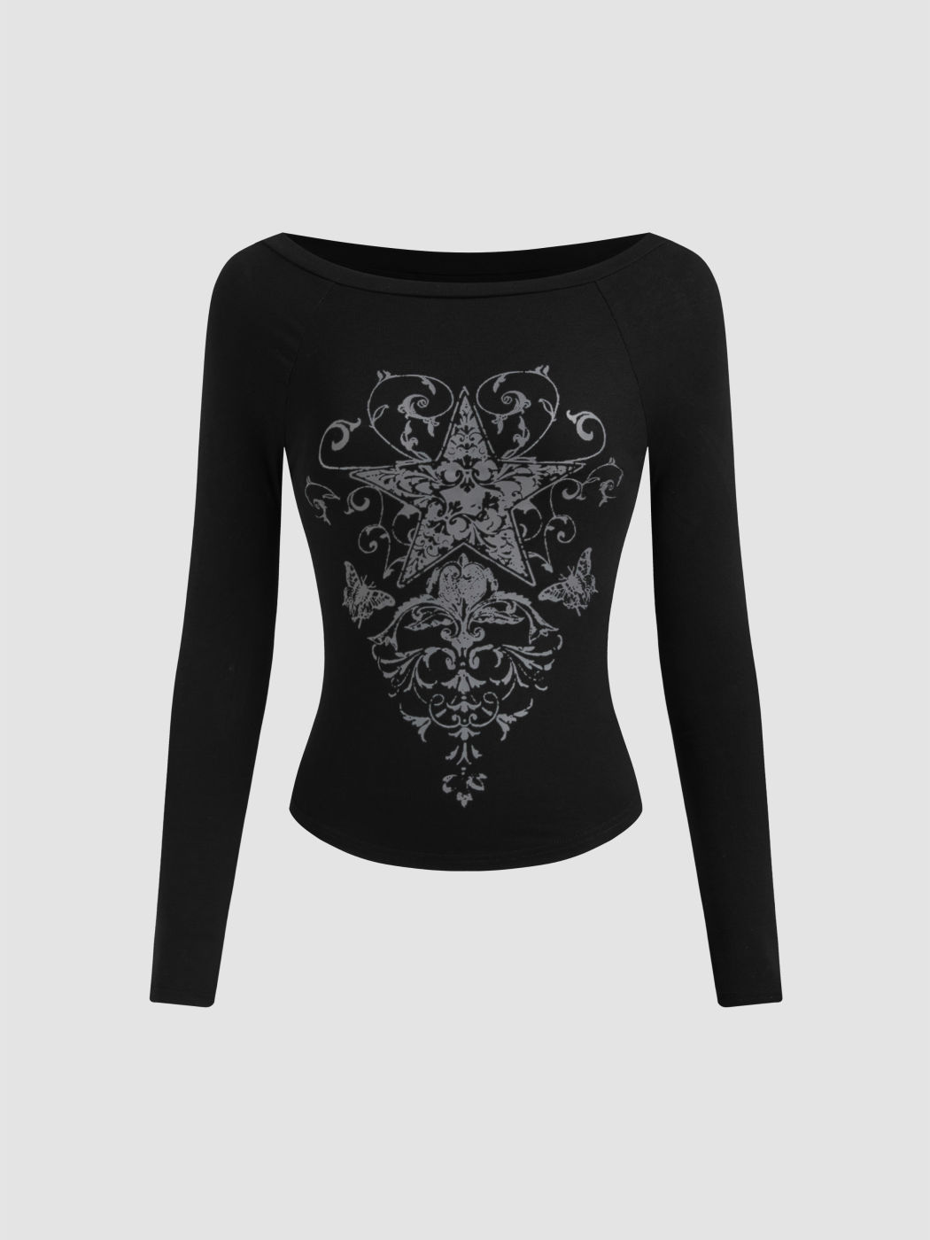 Boat Neck Star Graphic Long Sleeve Tee