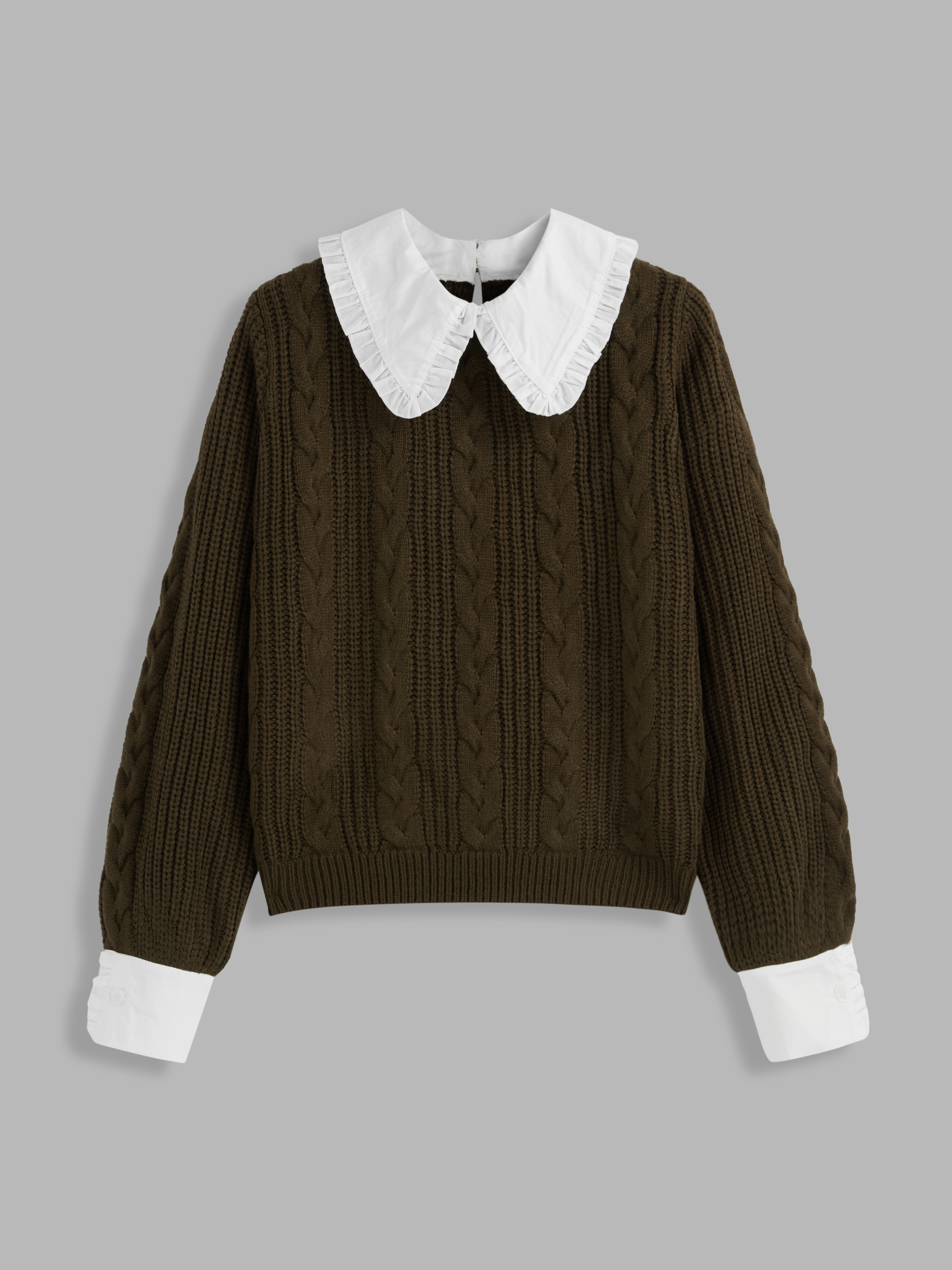 Preppy Knit Fabric Cable Knit Collar Two Tone Long Sleeve