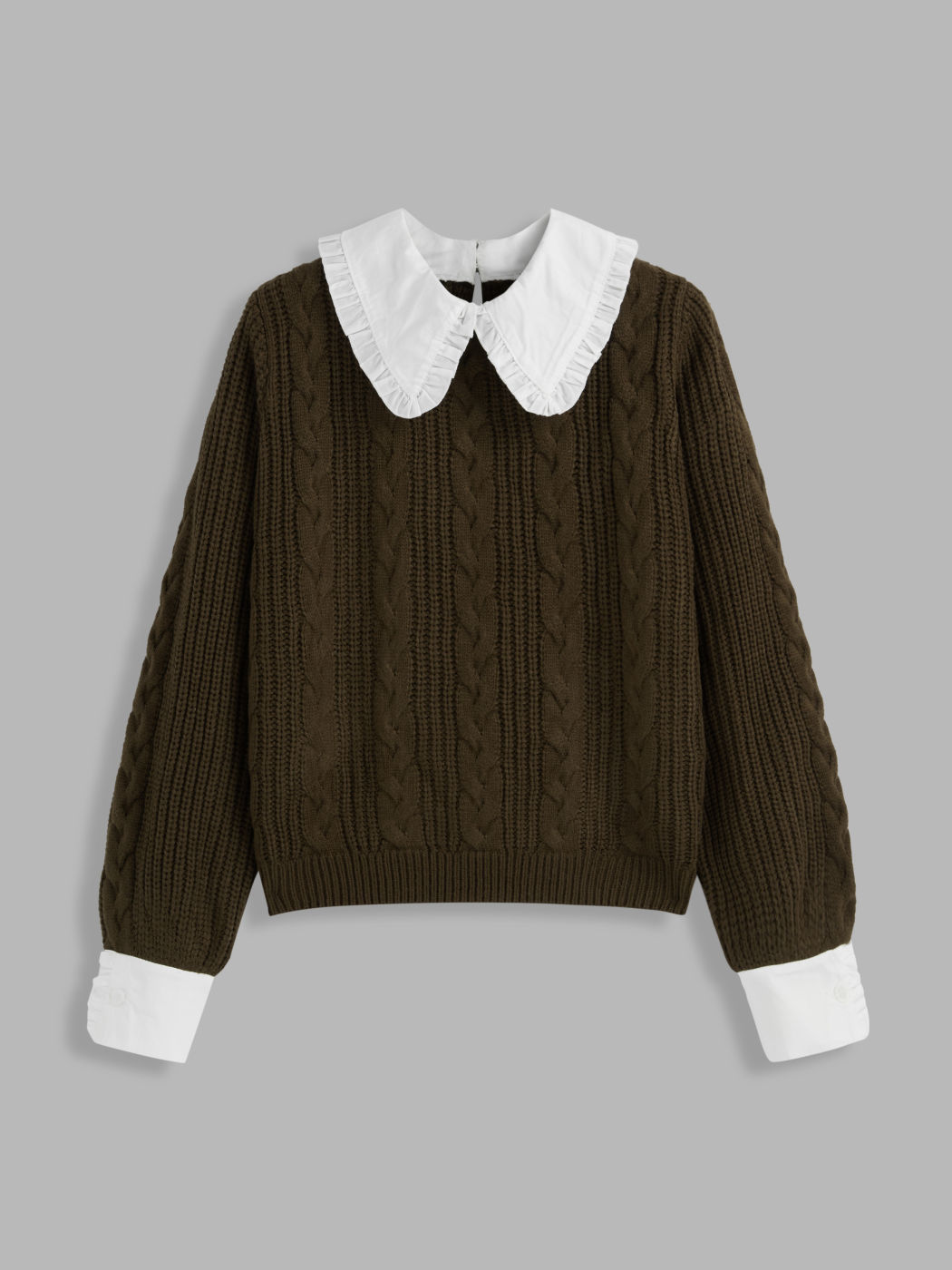 Babydoll Collar Cable Knit Faux Two-Piece Long Sleeve Sweater