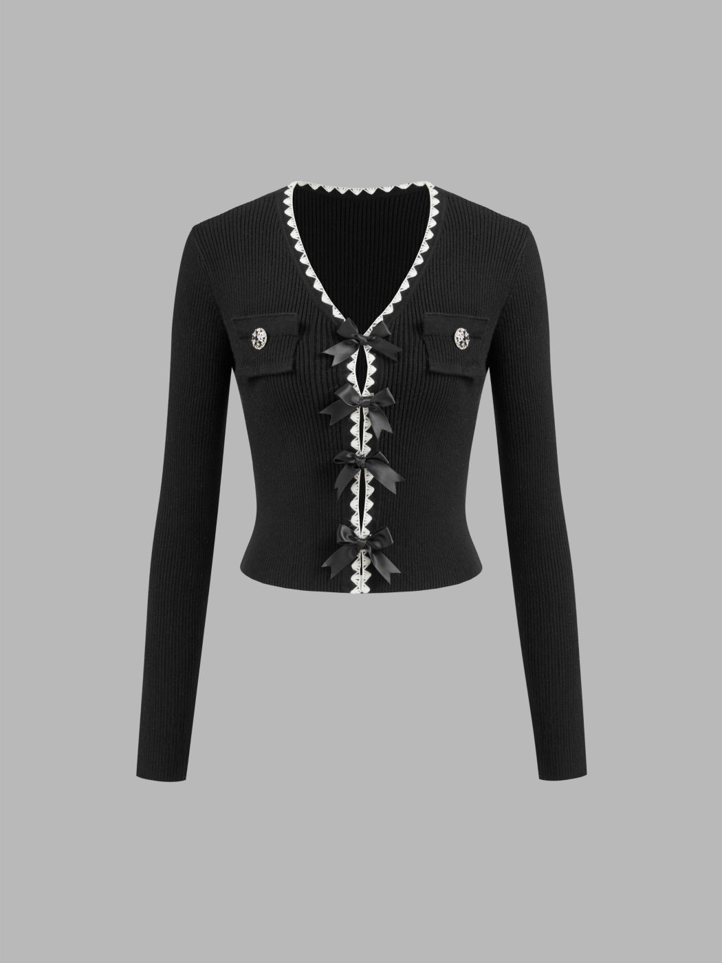 Strick V-Ausschnitt Kontrastierende Schleife Strickjacke