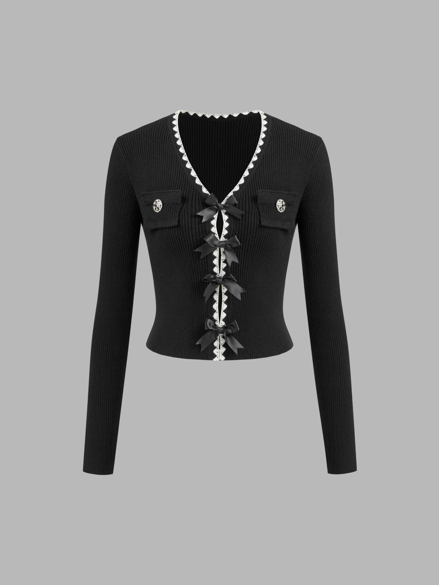 Knit V-neck Contrasting Binding Bowknot Cardigan