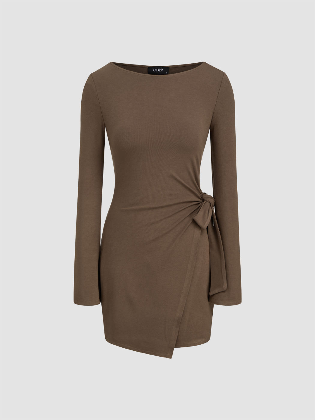 Boat Neck Solid Knotted Wrap Long Sleeve Mini Dress