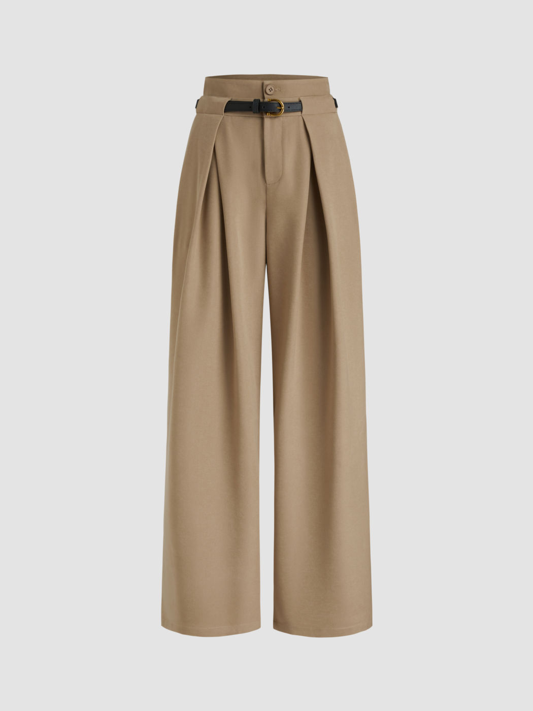 Mid Rise Solid Pleated Pocket Wide Leg Trousers With Belt
