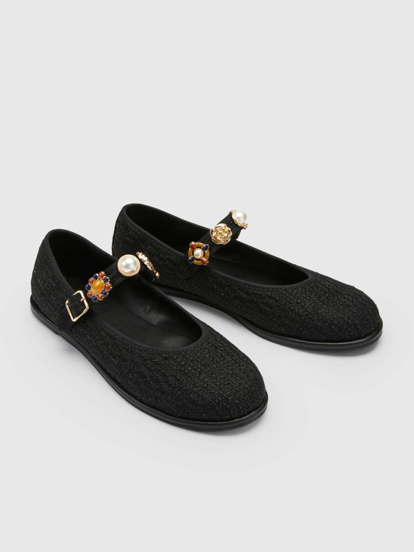 FAUX PEARL & FLOWER DECOR TWEED MARY JANE FLATS