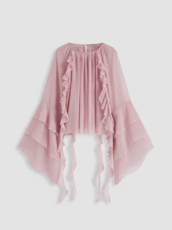 Chiffon-Bluse mit Spitzenrand und durchsichtigen Glockenhäuten