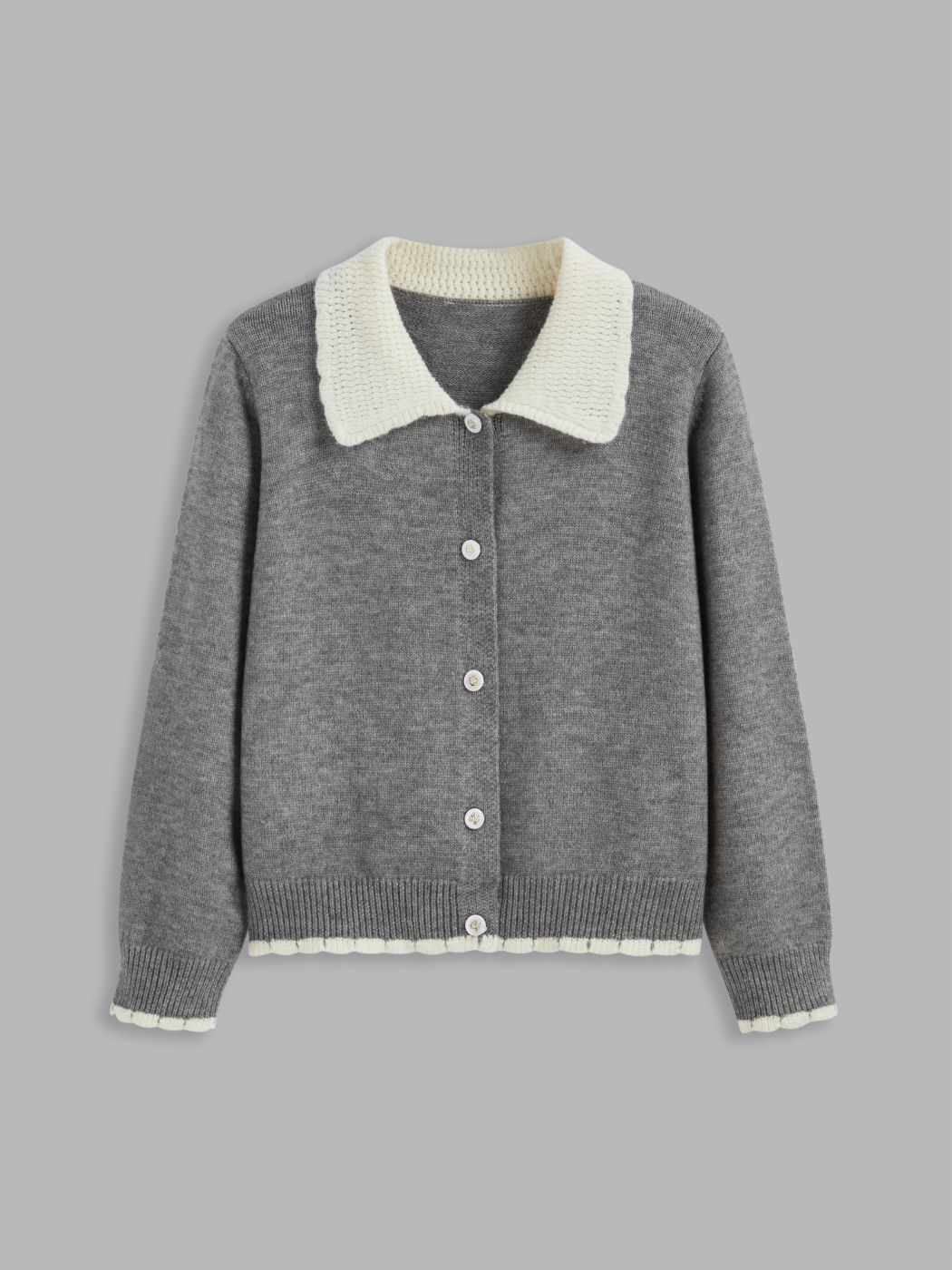 Knit Collar Contrasting Binding Button Up Cardigan Curve & Plus