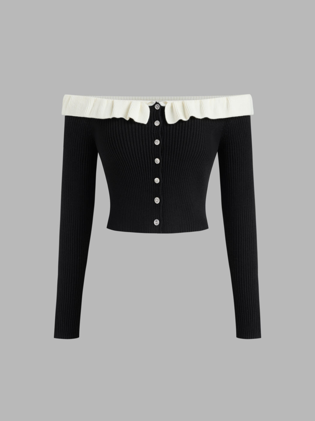 Zweifarbiger Off-Shoulder Strick Langarm Crop Top