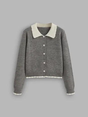 Knit Collar Contrasting Binding Button Up Cardigan
