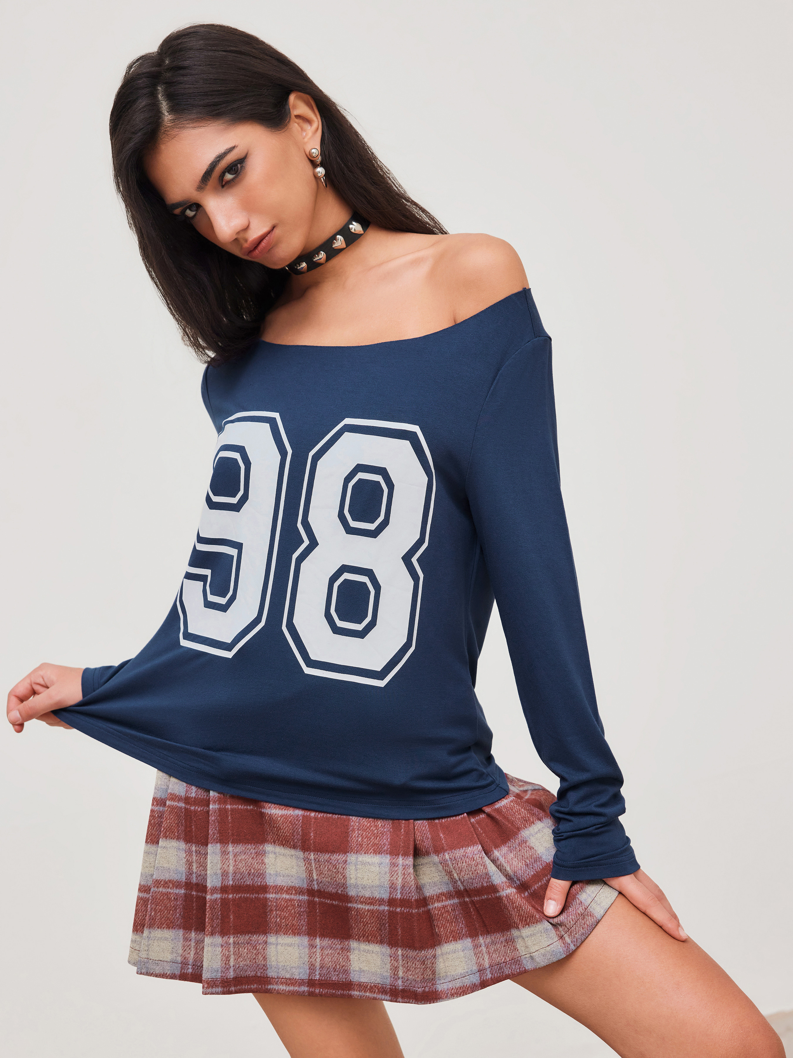 Knit Fabric 98 Asymmetrical Neck Graphic Long Sleeve Tee For