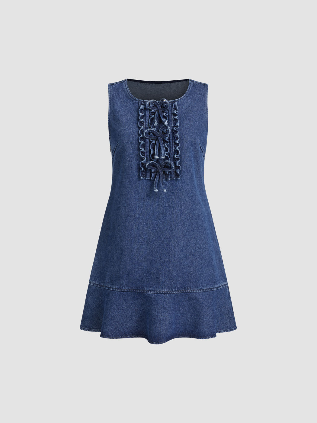 Denim U-Neckline Solid Lettuce Trim Bowknot Mini Dress