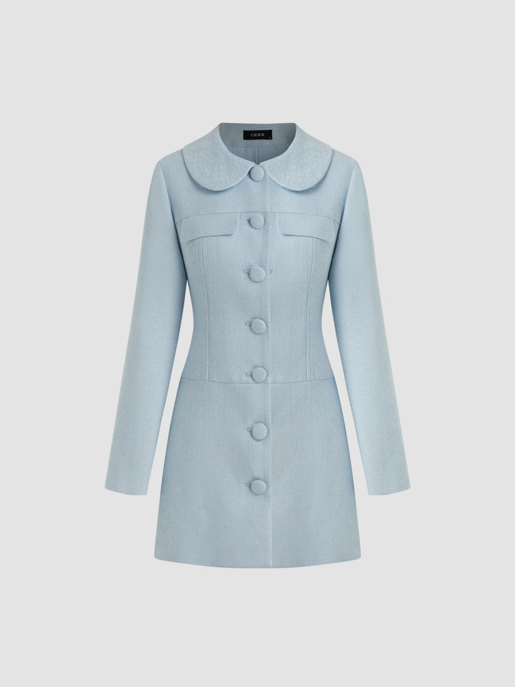 Tweed Collar Solid Button Long Sleeve Mini Dress