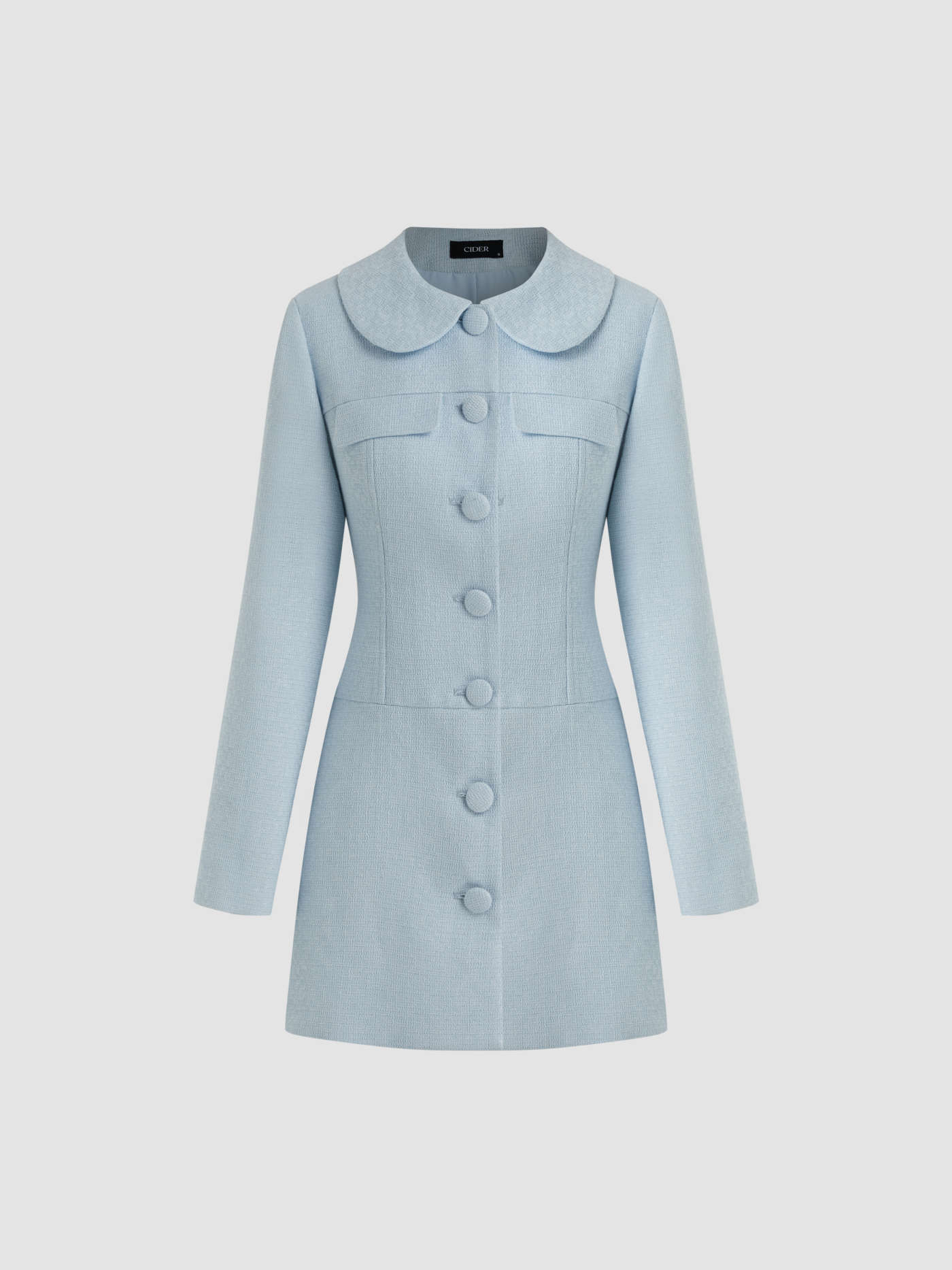 Tweed Collar Solid Button Long Sleeve Mini Dress