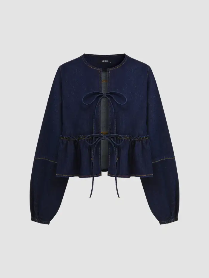 Denim Tie Front Bow Puff Sleeve Oversized Blouse